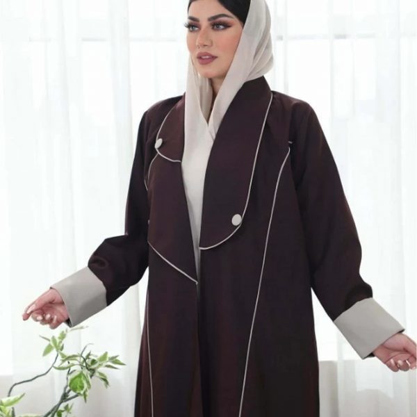عباية كريب كتان بياقة مثلثة تحديد بيج